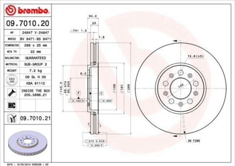 SEAT İBİZA 5 FREN DİSKİ ÖN 1.4 TSI / 1.6 TDI / 1.9 TDI 288mm HAVALI  5BİJON 2008- BREMBO(TK. SAĞ+SOL)